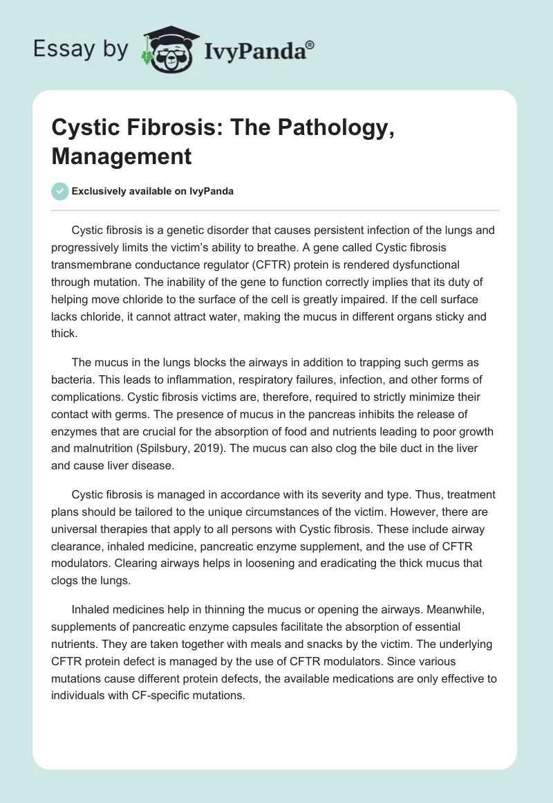 Cystic Fibrosis: The Pathology, Management. Page 1
