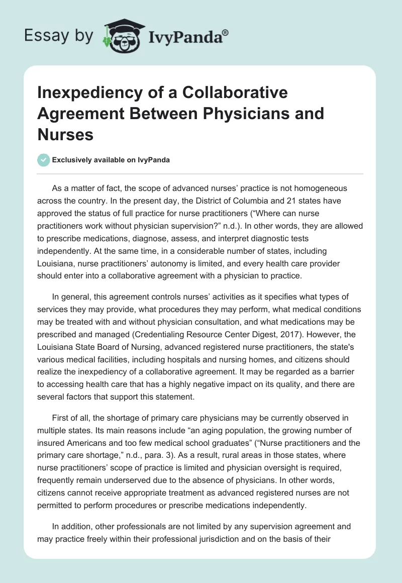 Inexpediency of a Collaborative Agreement Between Physicians and Nurses. Page 1