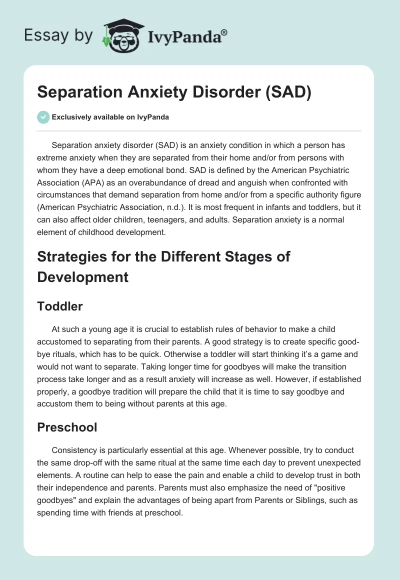 Separation Anxiety Disorder (SAD). Page 1