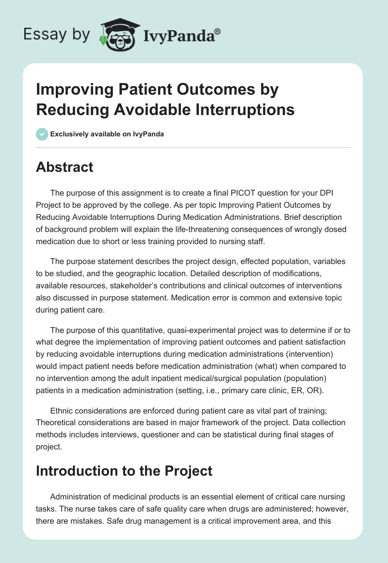 Improving Patient Outcomes by Reducing Avoidable Interruptions. Page 1