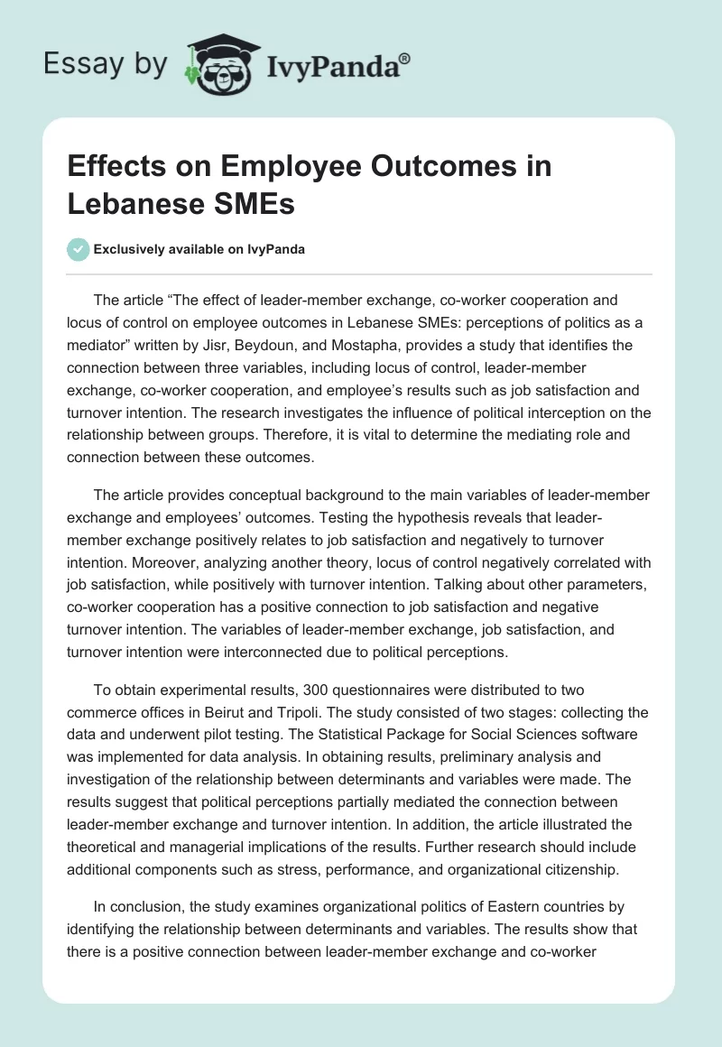 Effects on Employee Outcomes in Lebanese SMEs. Page 1