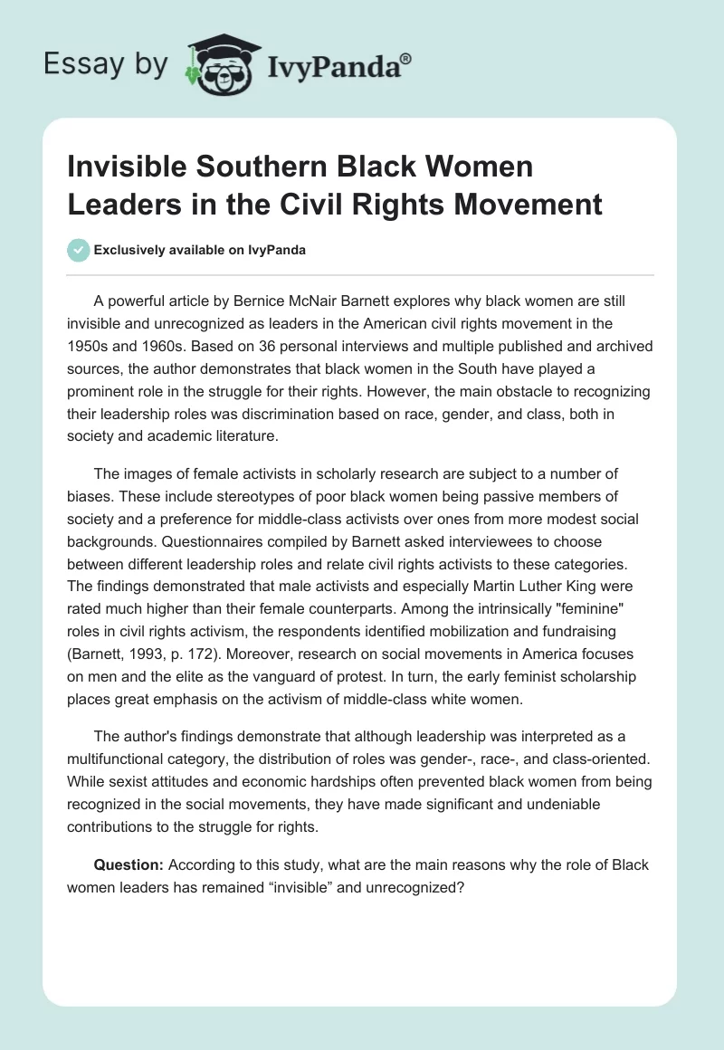 Invisible Southern Black Women Leaders in the Civil Rights Movement. Page 1