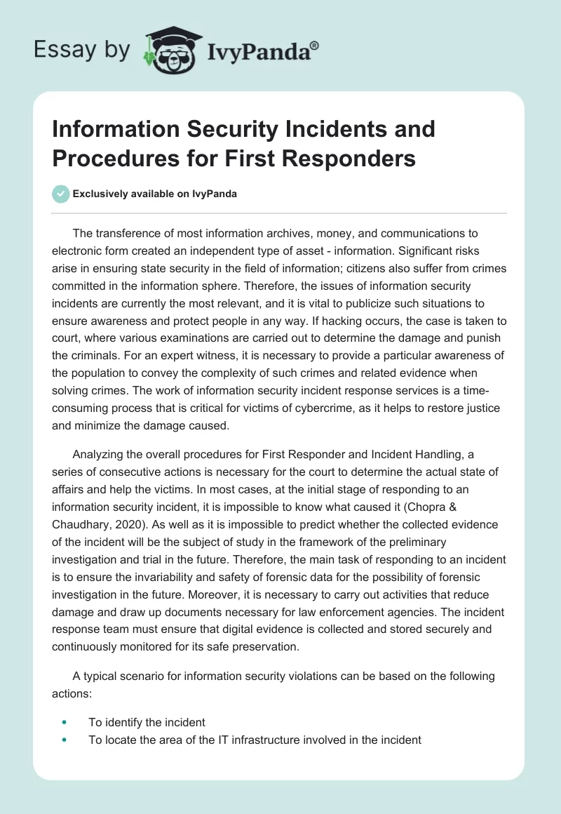 Information Security Incidents and Procedures for First Responders. Page 1