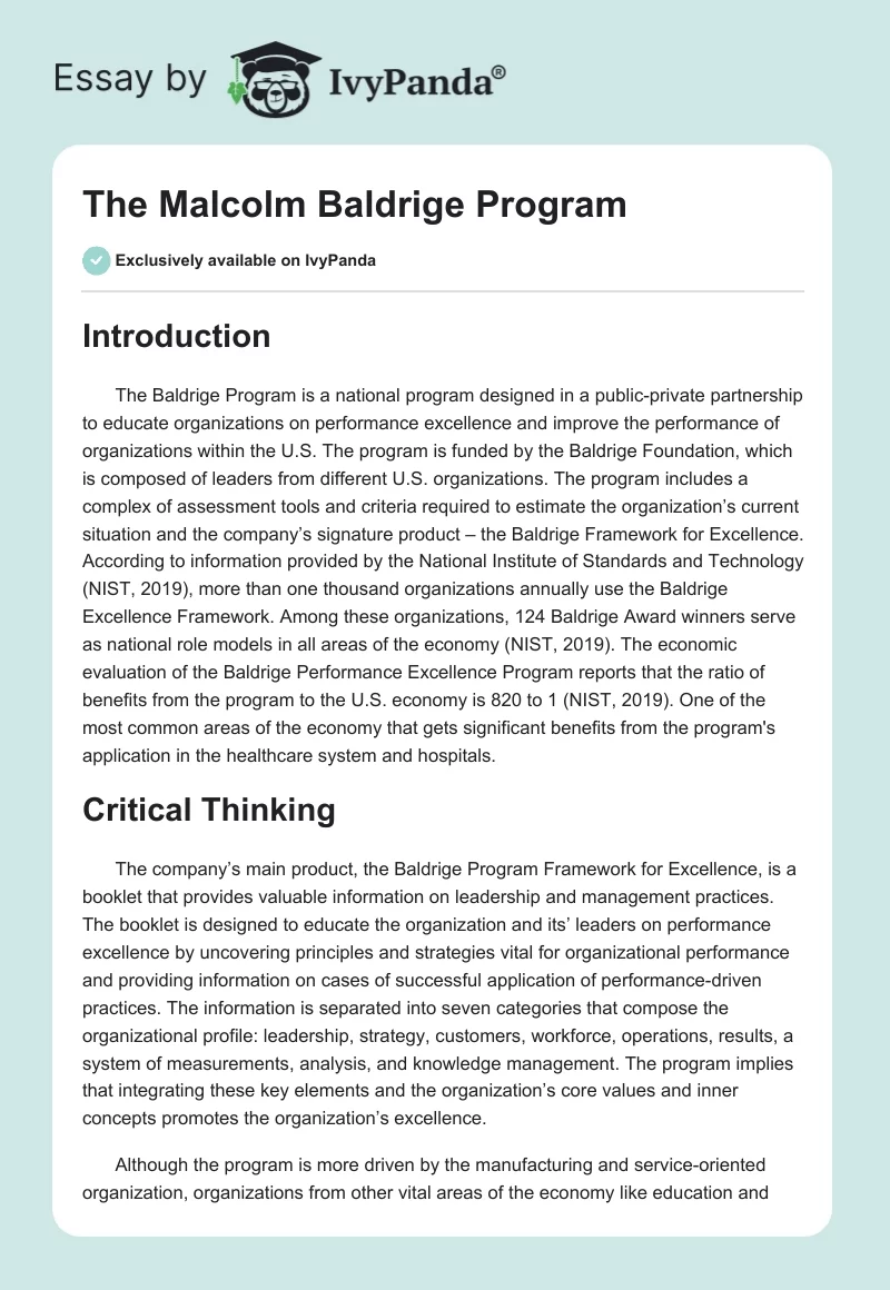 The Malcolm Baldrige Program. Page 1