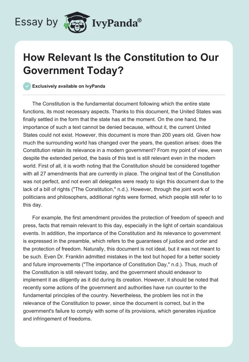 How Relevant Is the Constitution to Our Government Today?. Page 1