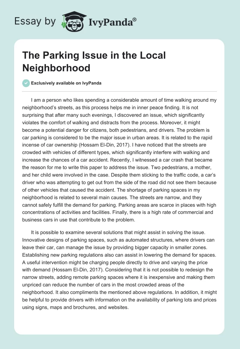 The Parking Issue in the Local Neighborhood. Page 1