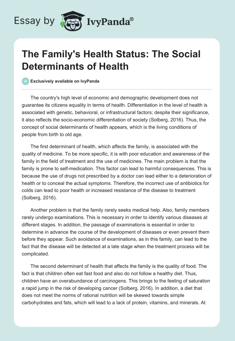 The Family's Health Status: The Social Determinants of Health. Page 1