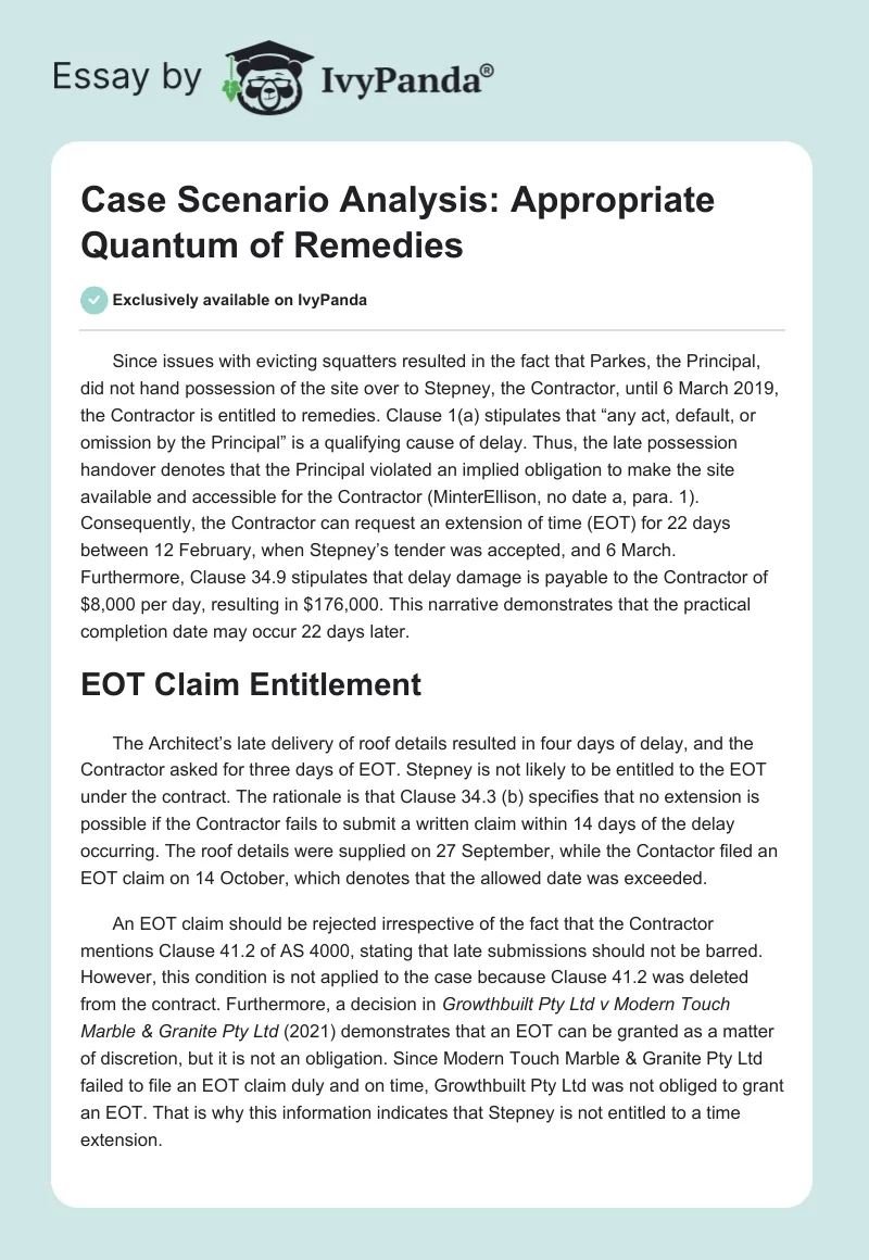 Case Scenario Analysis: Appropriate Quantum of Remedies. Page 1