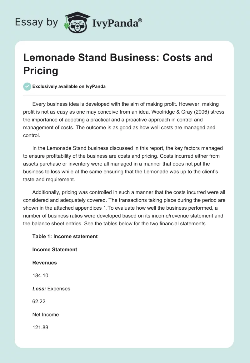 Lemonade Stand Business: Costs and Pricing. Page 1