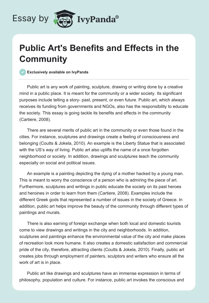 Public Art's Benefits and Effects in the Community. Page 1