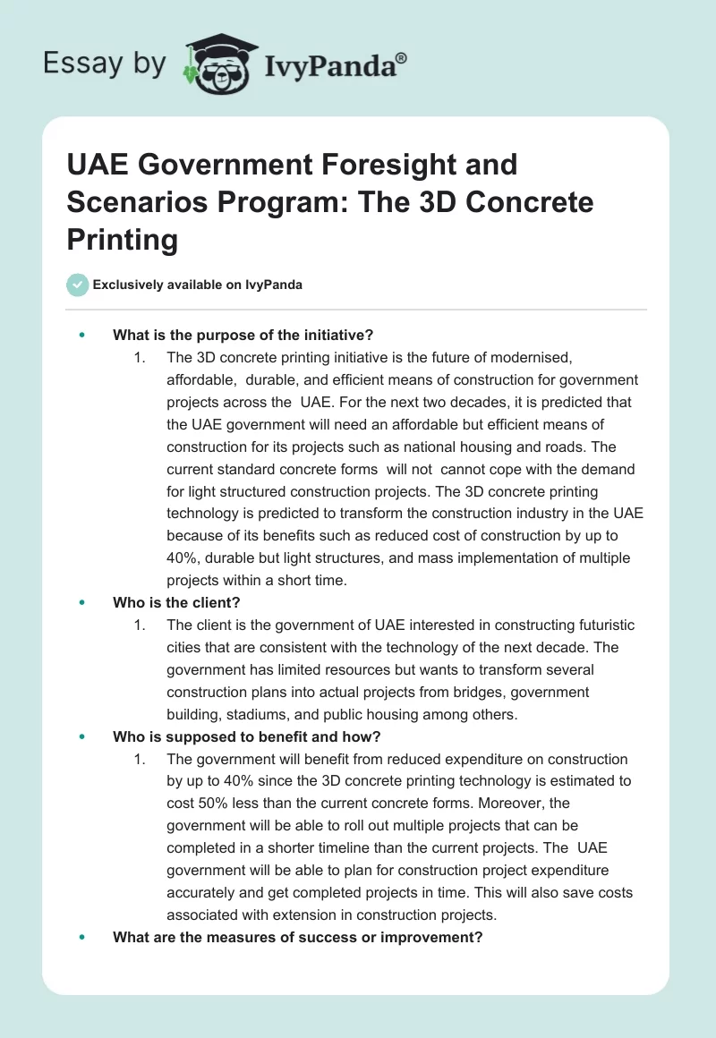 UAE Government Foresight and Scenarios Program: The 3D Concrete Printing. Page 1