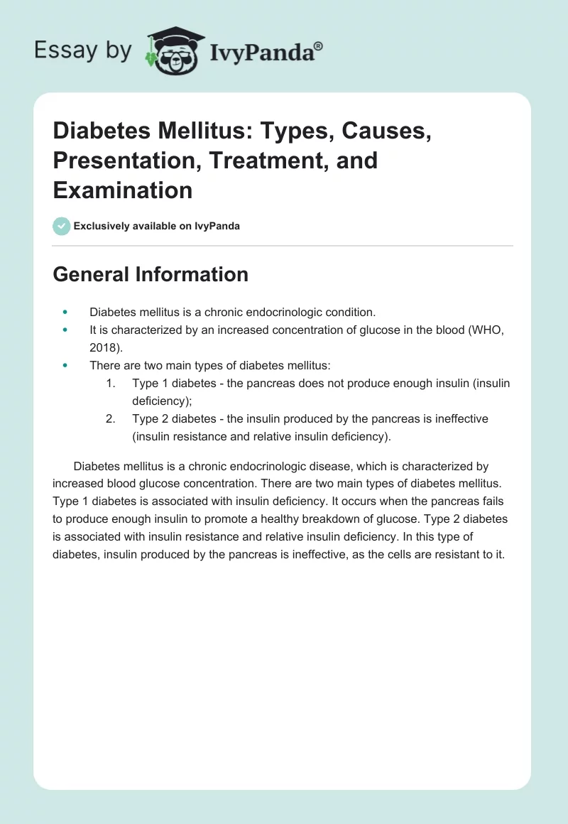 Diabetes Mellitus: Types, Causes, Presentation, Treatment, and Examination. Page 1