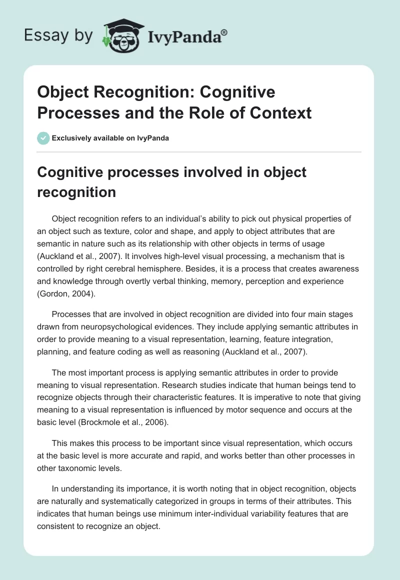 Object Recognition: Cognitive Processes and the Role of Context. Page 1