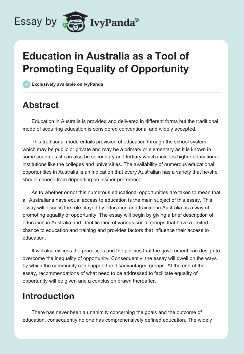 Education in Australia as a Tool of Promoting Equality of Opportunity. Page 1