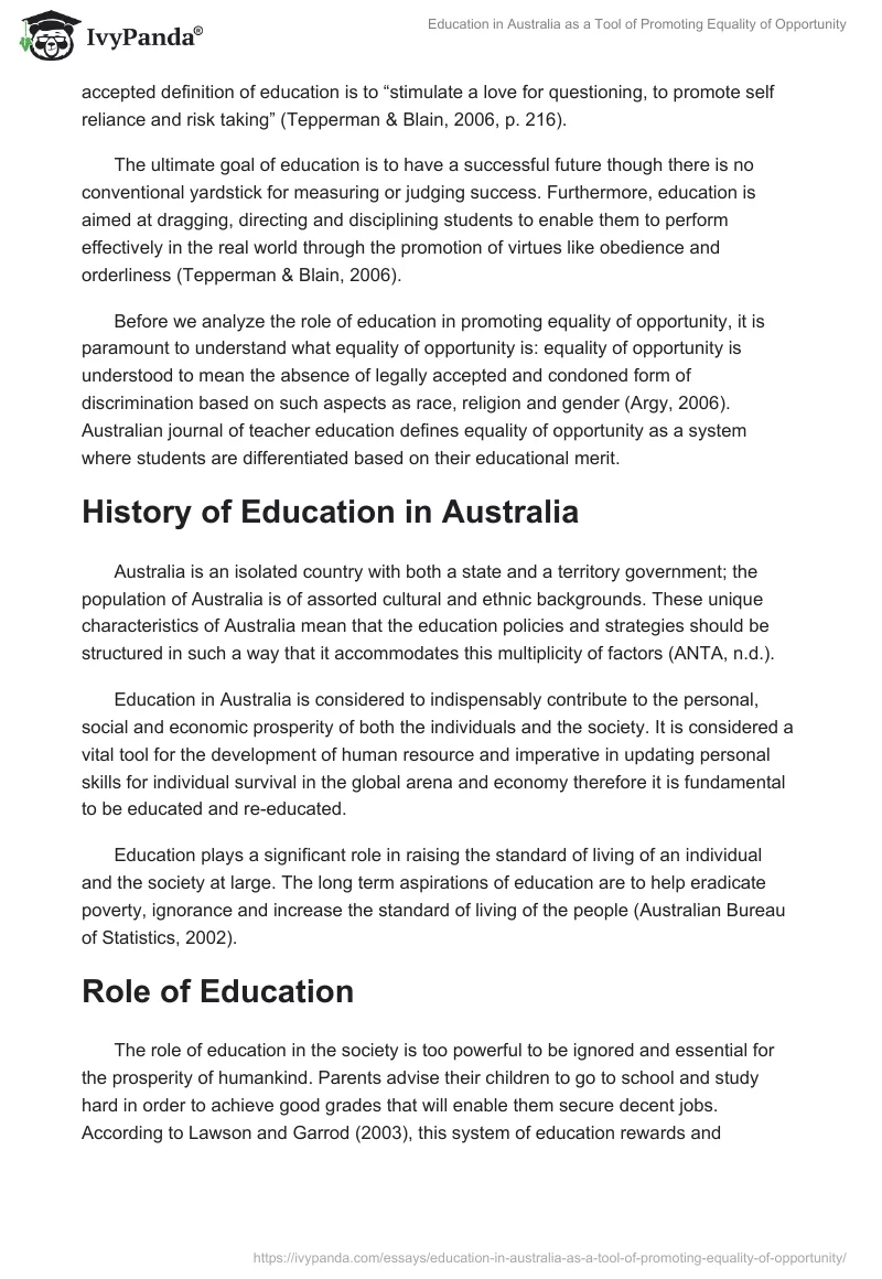 Education in Australia as a Tool of Promoting Equality of Opportunity. Page 2