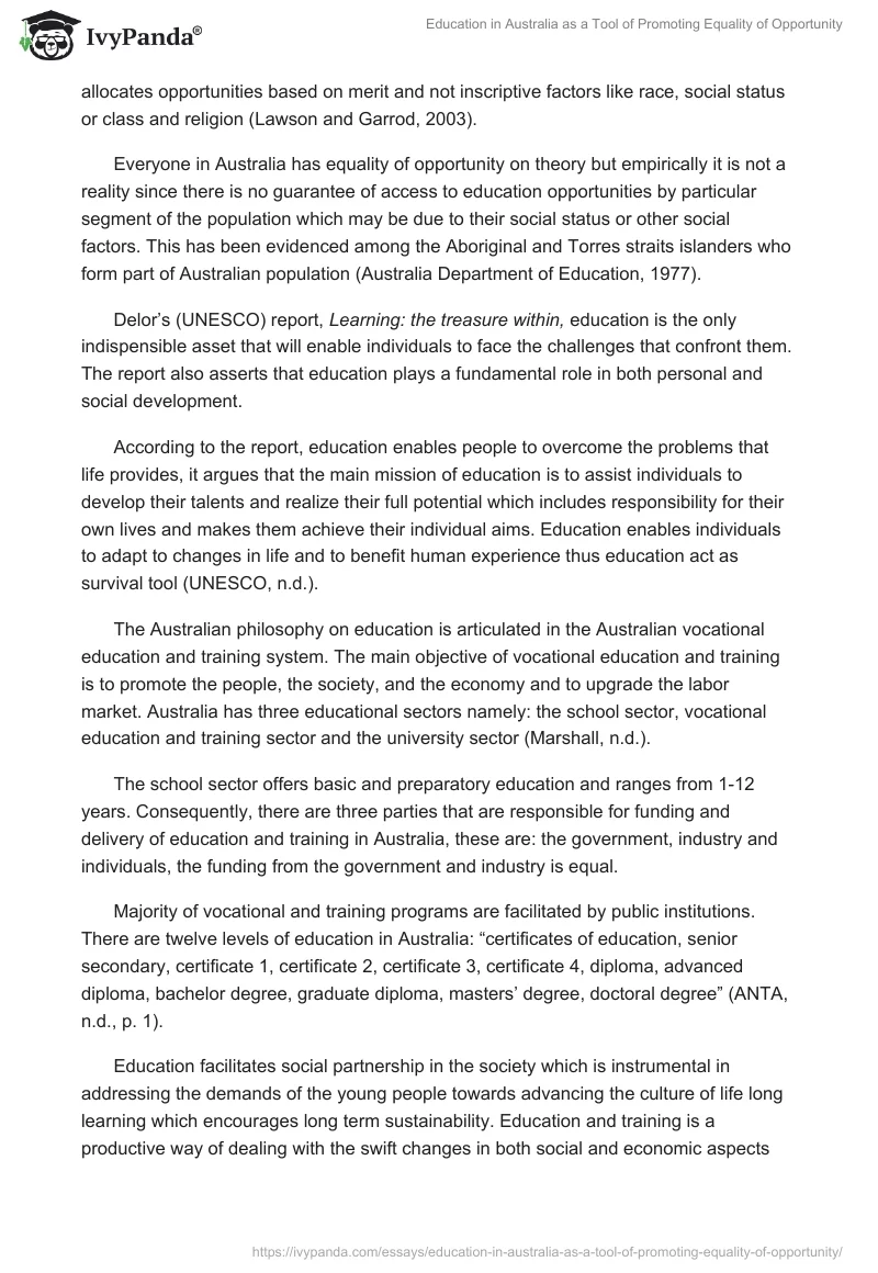 Education in Australia as a Tool of Promoting Equality of Opportunity. Page 3