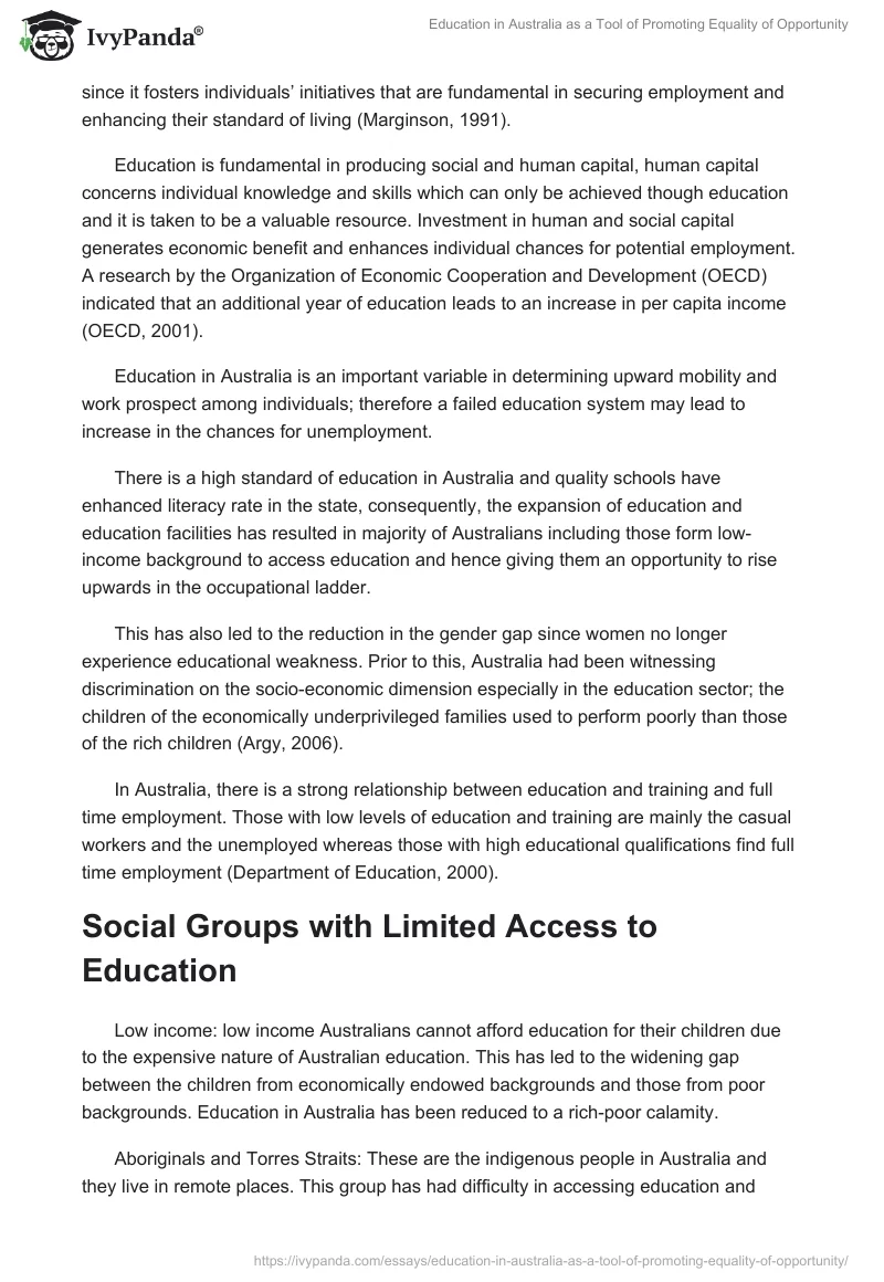 Education in Australia as a Tool of Promoting Equality of Opportunity. Page 4