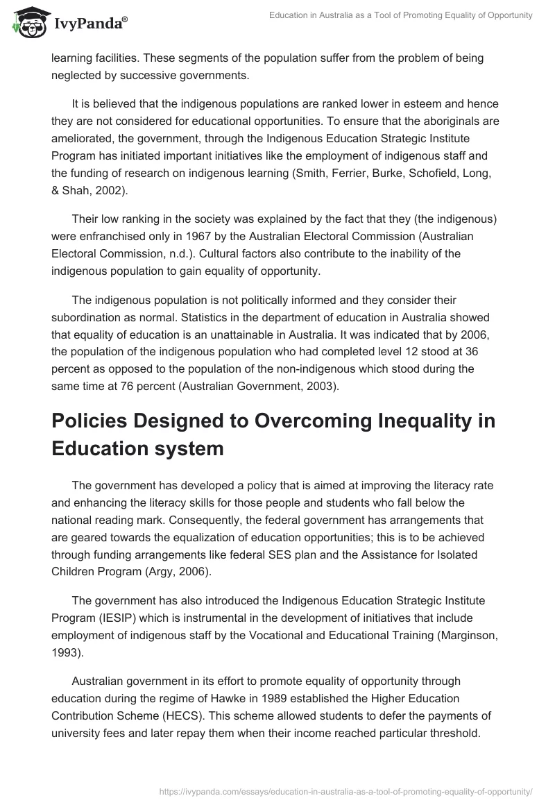 Education in Australia as a Tool of Promoting Equality of Opportunity. Page 5