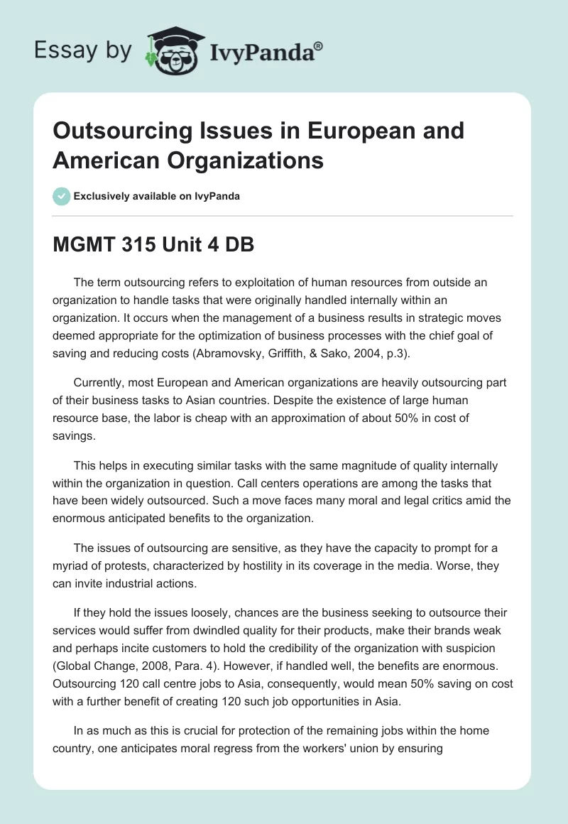 Outsourcing Issues in European and American Organizations. Page 1