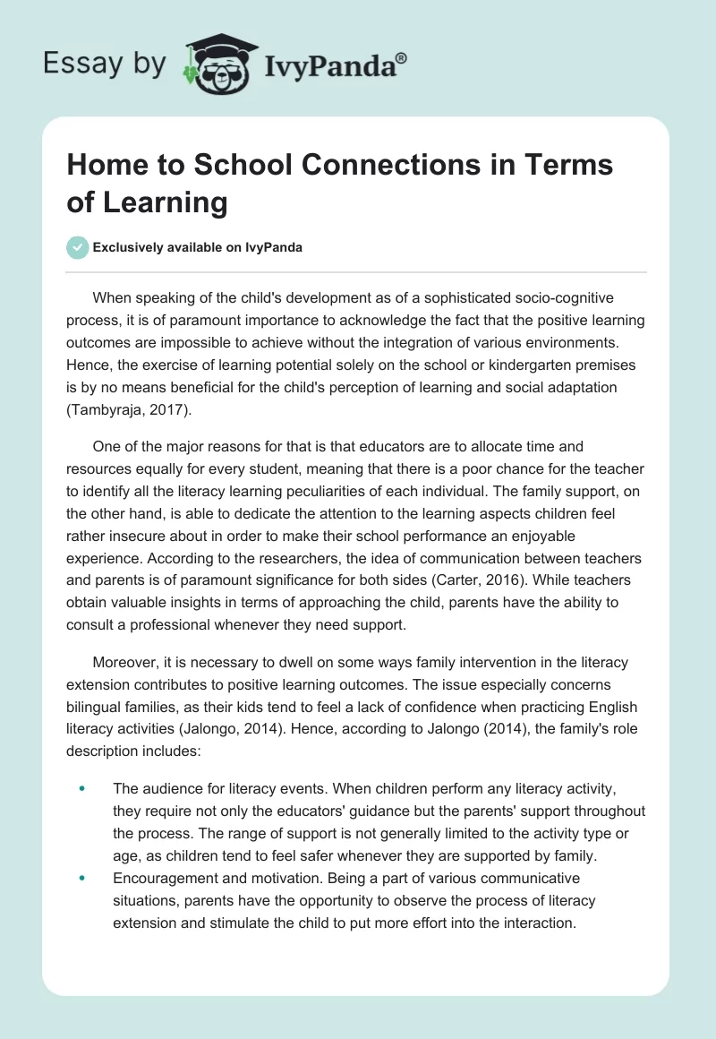 Home to School Connections in Terms of Learning. Page 1