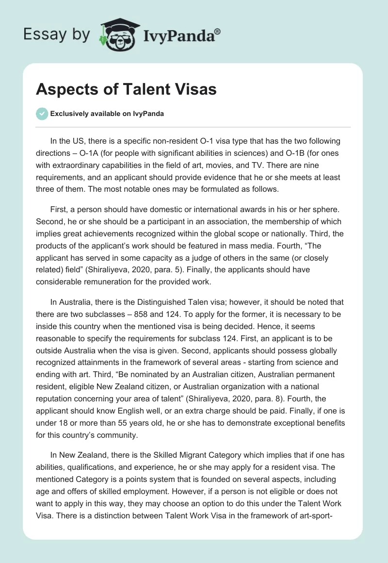 Aspects of Talent Visas. Page 1