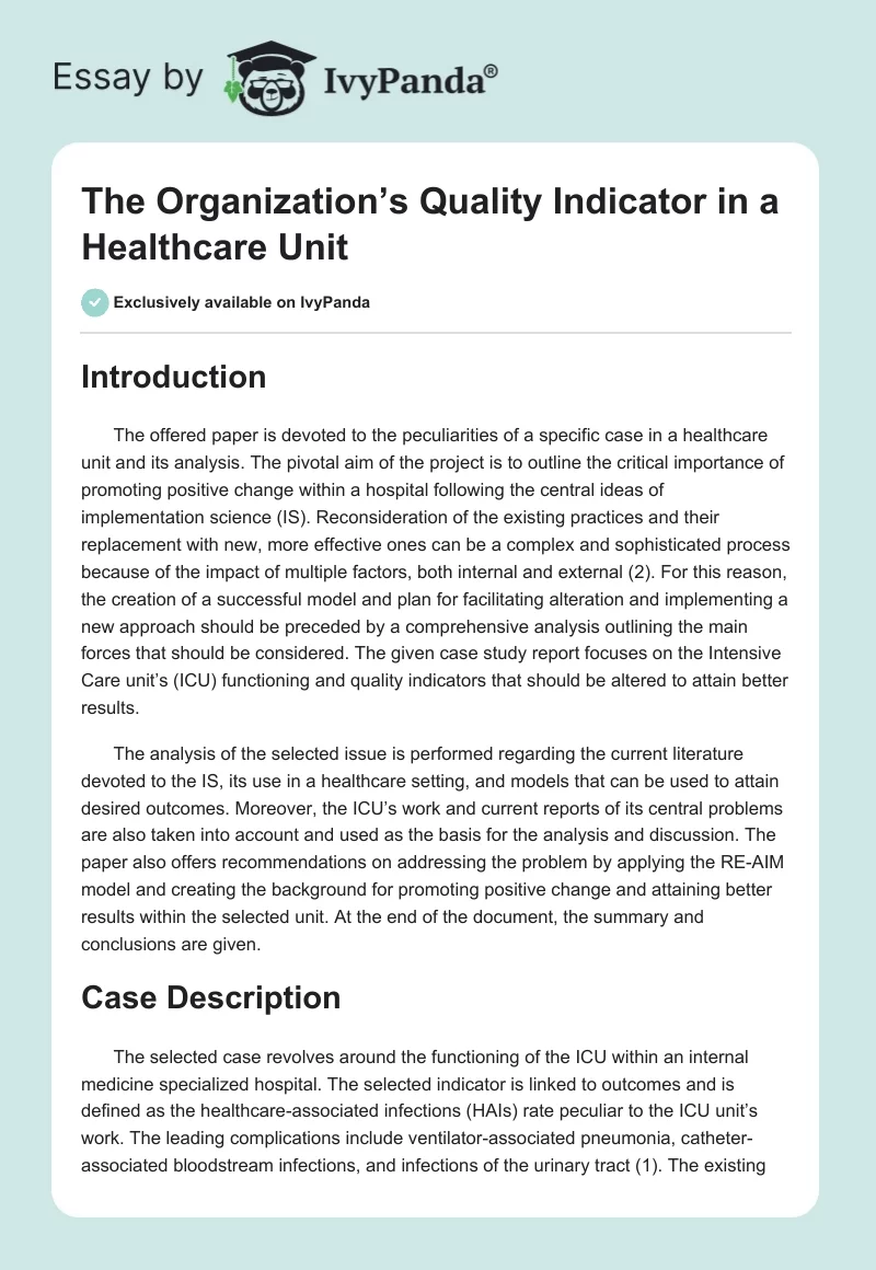 The Organization’s Quality Indicator in a Healthcare Unit. Page 1
