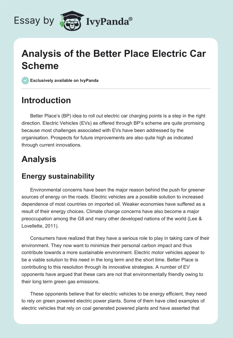 Analysis of the Better Place Electric Car Scheme. Page 1