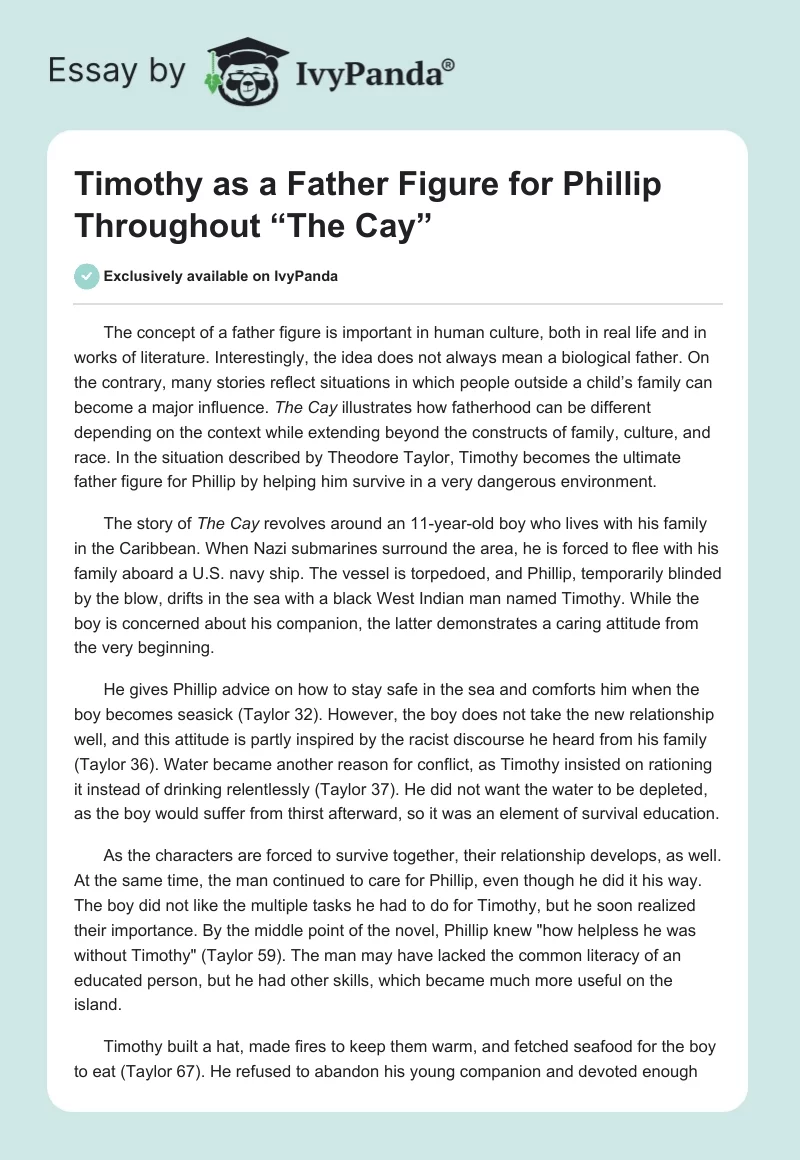 Timothy as a Father Figure for Phillip Throughout “The Cay”. Page 1