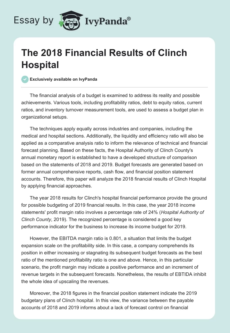 The 2018 Financial Results of Clinch Hospital. Page 1