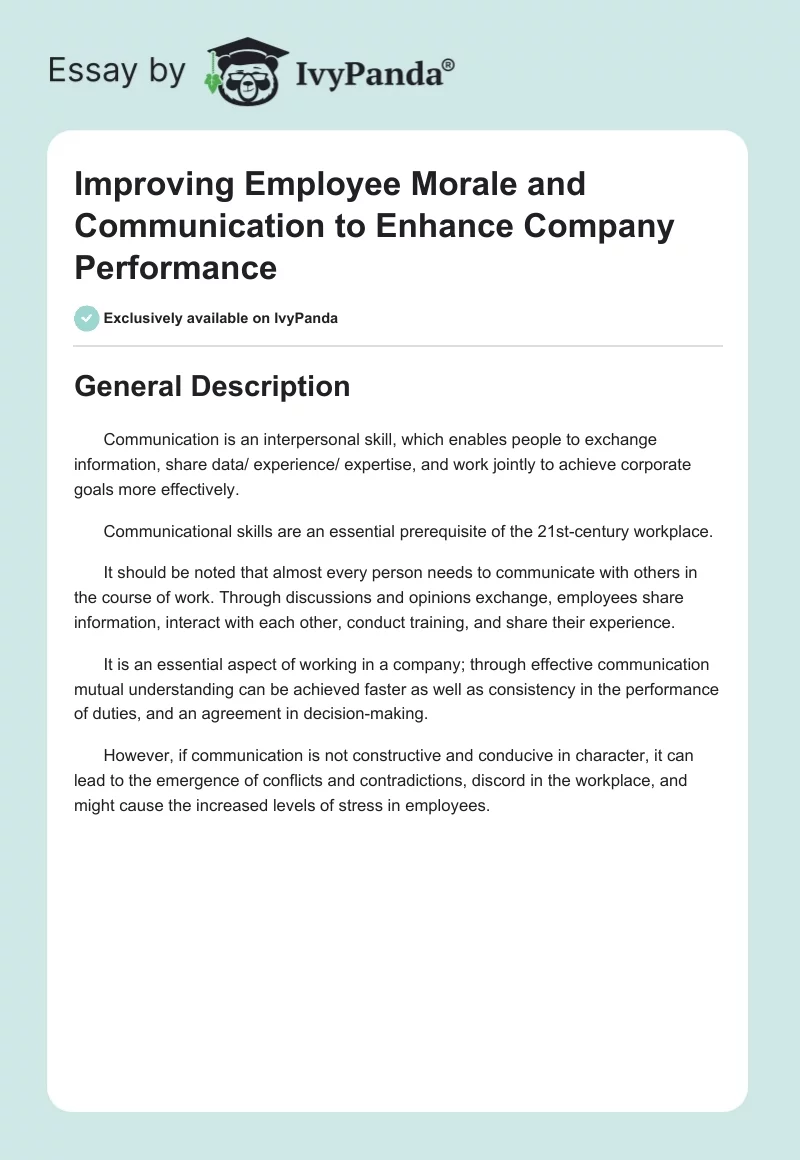 Improving Employee Morale and Communication to Enhance Company Performance. Page 1
