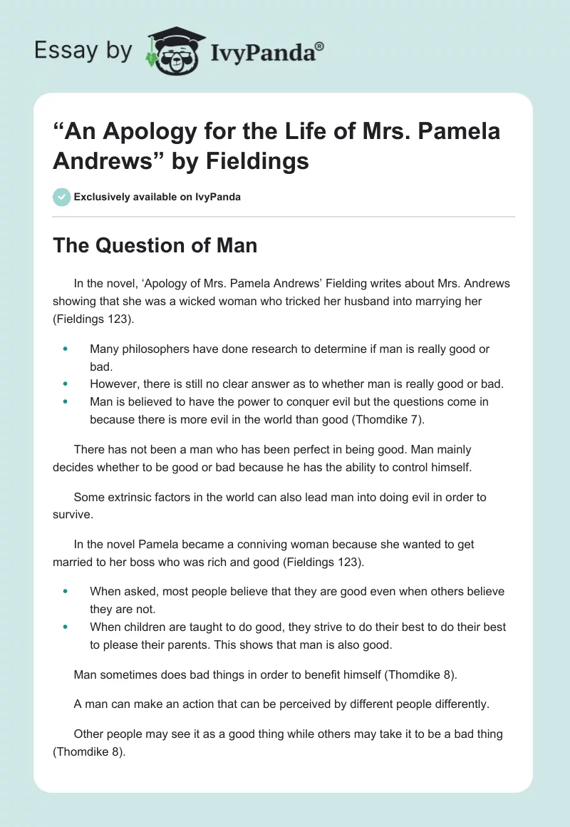 “An Apology for the Life of Mrs. Pamela Andrews” by Fieldings. Page 1