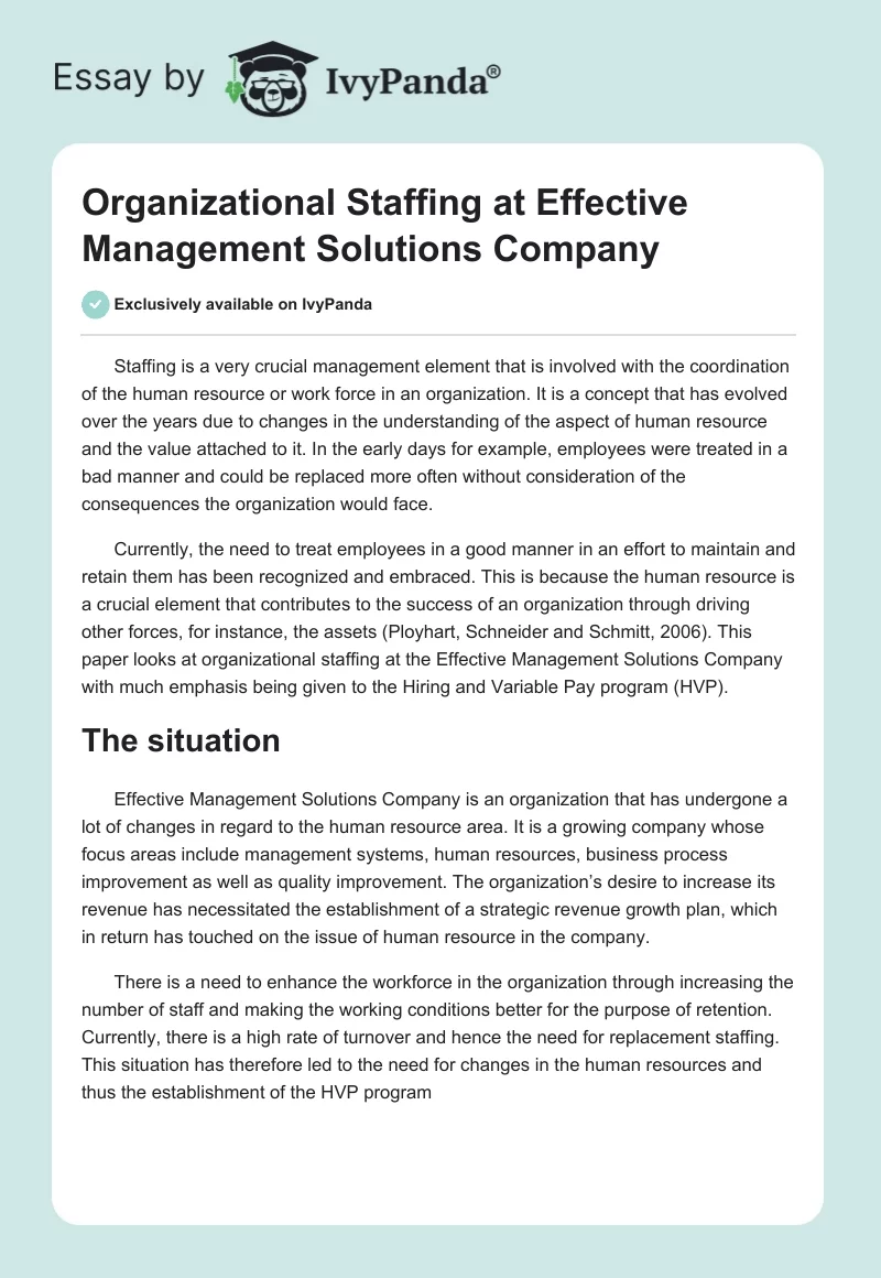 Organizational Staffing at Effective Management Solutions Company. Page 1