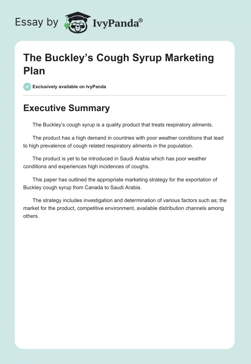 The Buckley’s Cough Syrup Marketing Plan. Page 1