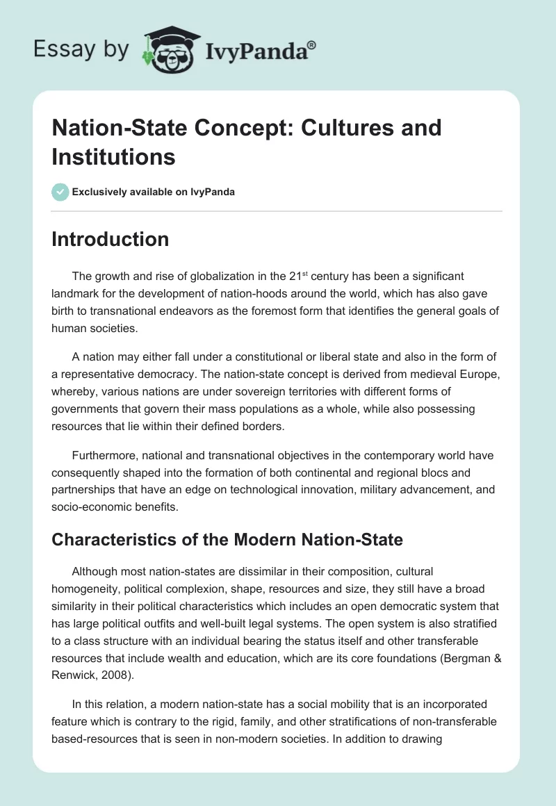 Nation-State Concept: Cultures and Institutions. Page 1