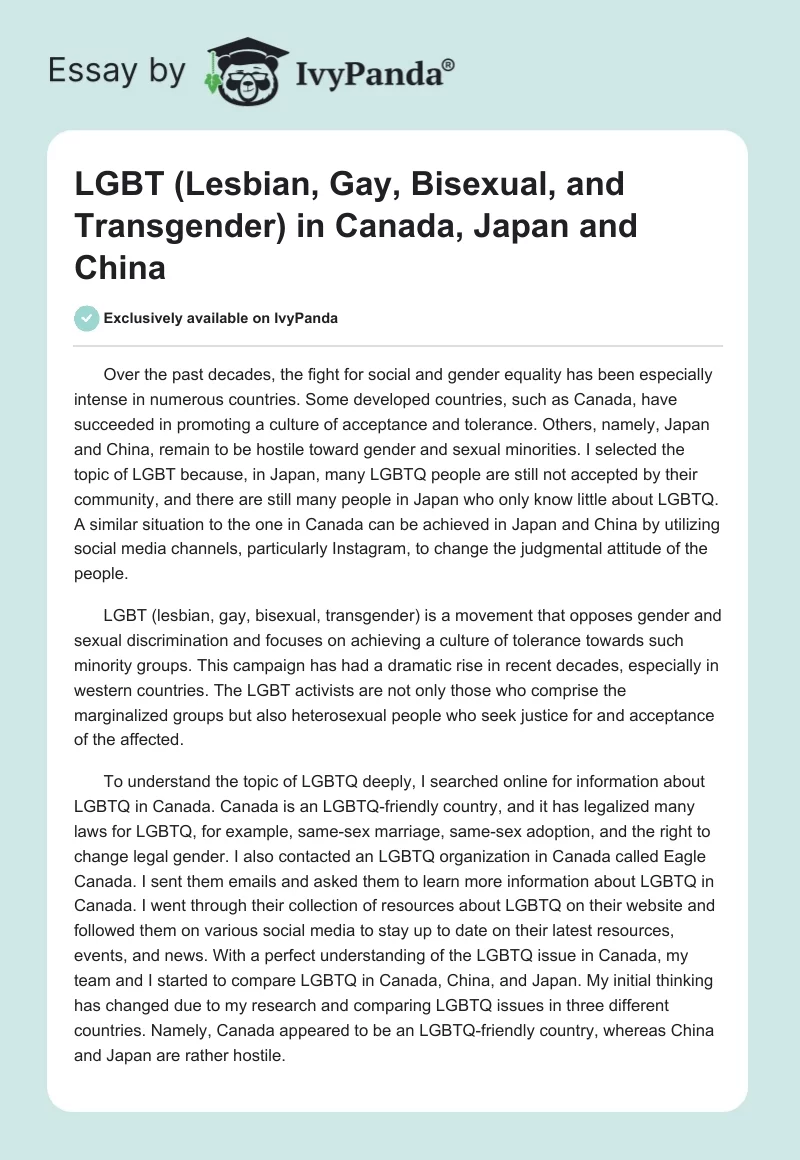 LGBT (Lesbian, Gay, Bisexual, and Transgender) in Canada, Japan and China. Page 1