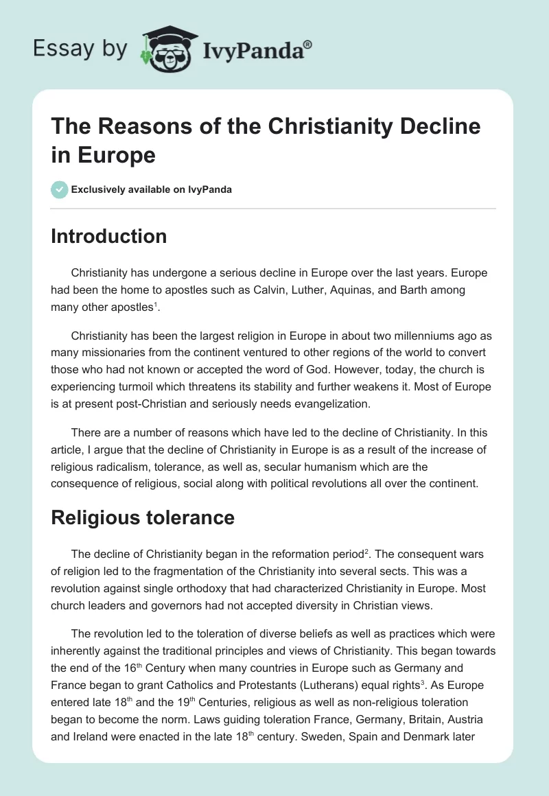 The Reasons of the Christianity Decline in Europe. Page 1