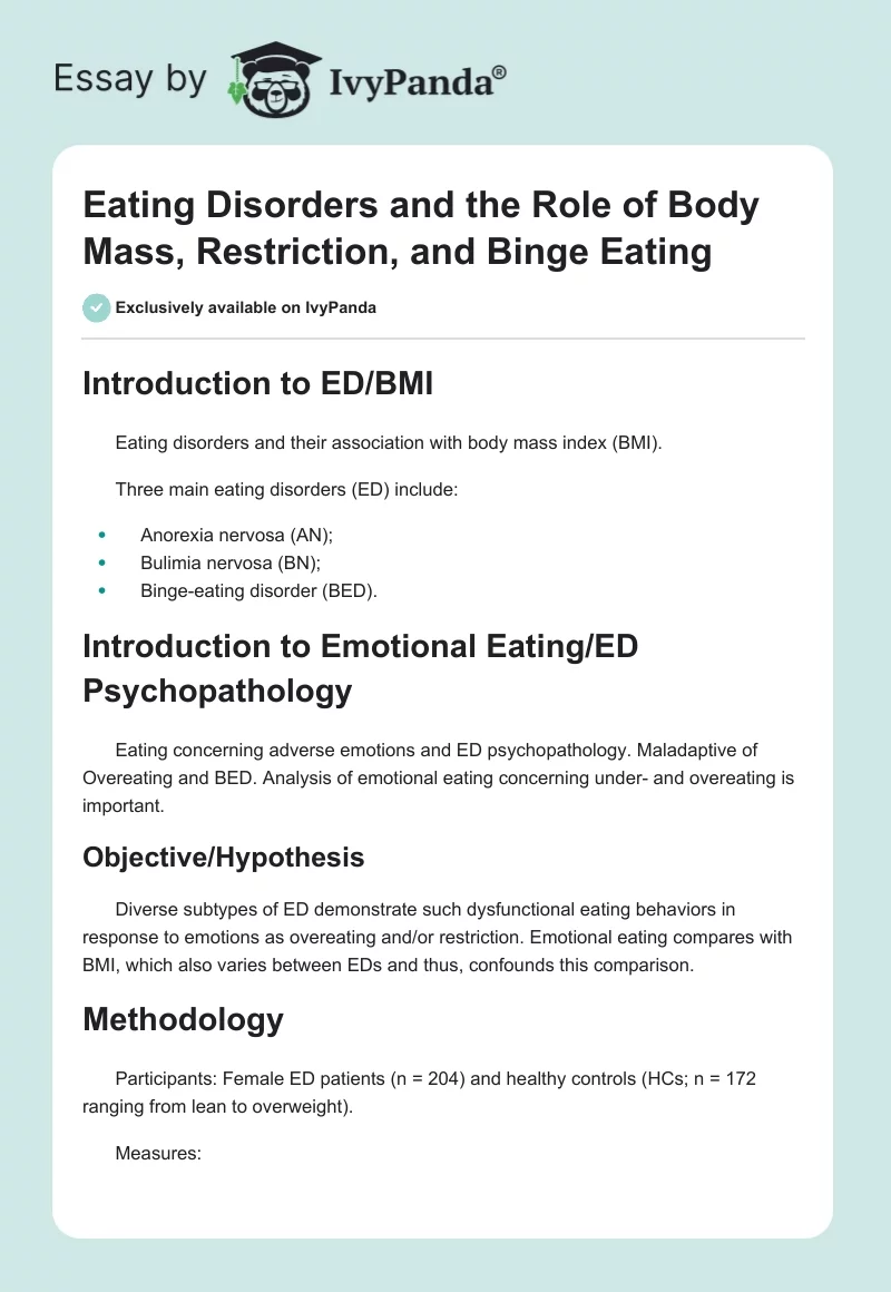 Eating Disorders and the Role of Body Mass, Restriction, and Binge Eating. Page 1