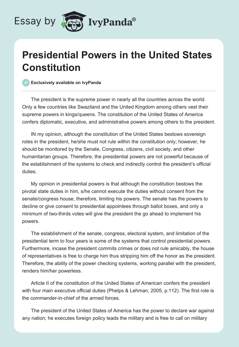 Presidential Powers in the United States Constitution. Page 1