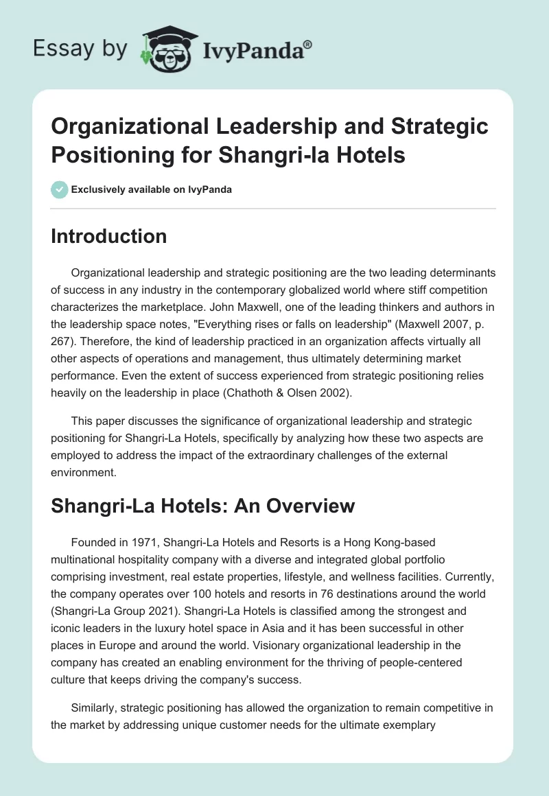 Organizational Leadership and Strategic Positioning for Shangri-la Hotels. Page 1