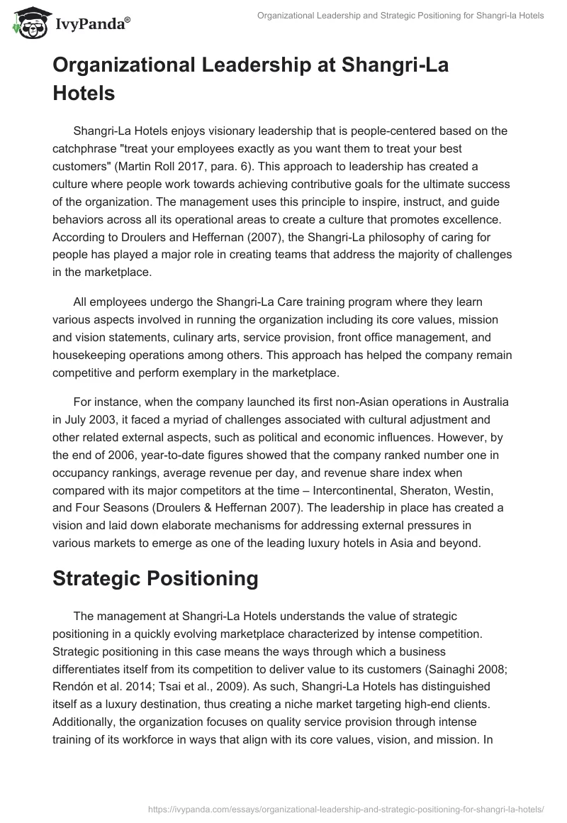 Organizational Leadership and Strategic Positioning for Shangri-la Hotels. Page 4