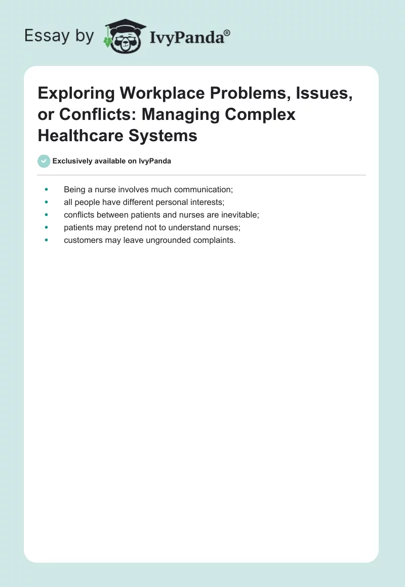 Exploring Workplace Problems, Issues, or Conflicts: Managing Complex Healthcare Systems. Page 1