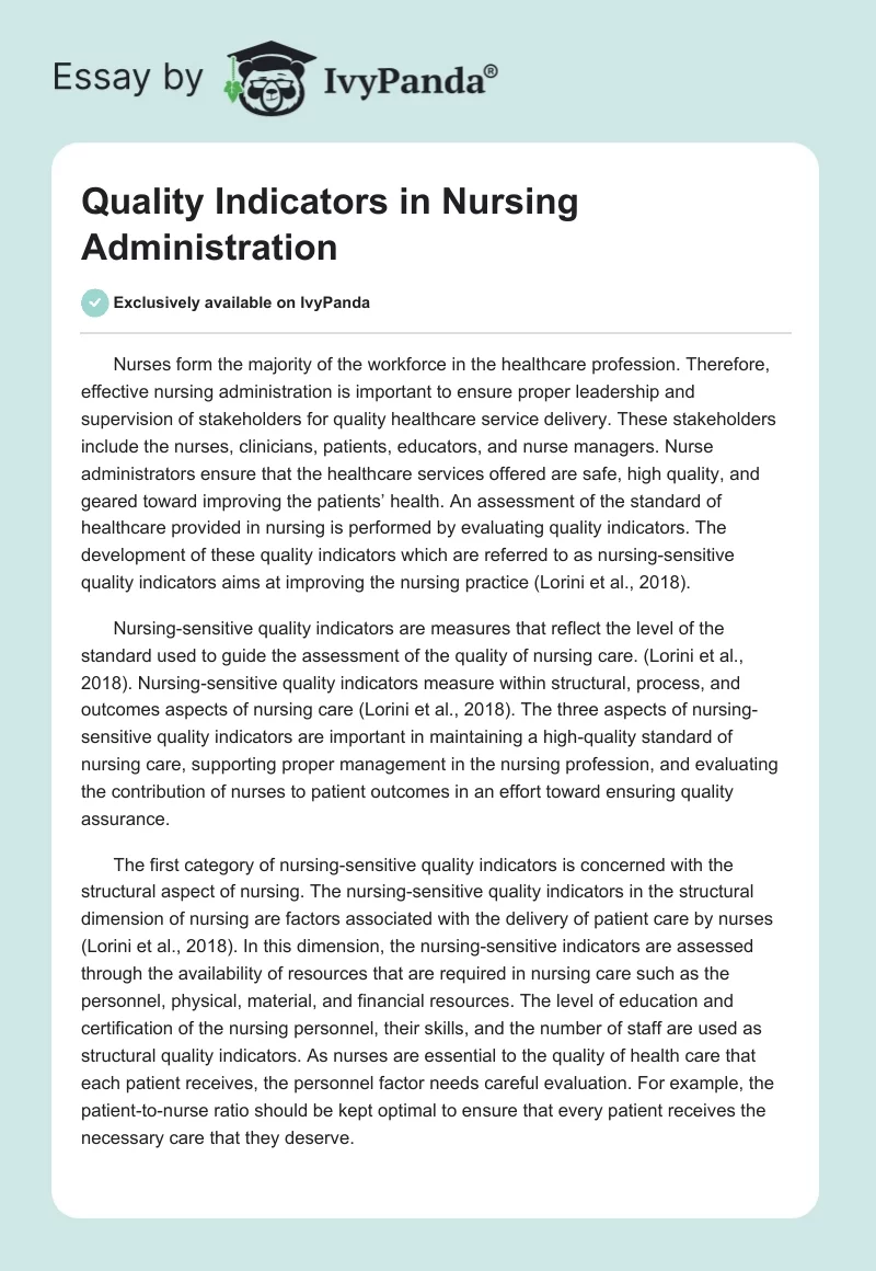 Quality Indicators in Nursing Administration. Page 1