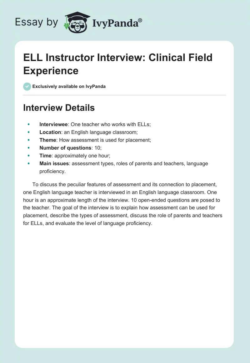 ELL Instructor Interview: Clinical Field Experience. Page 1