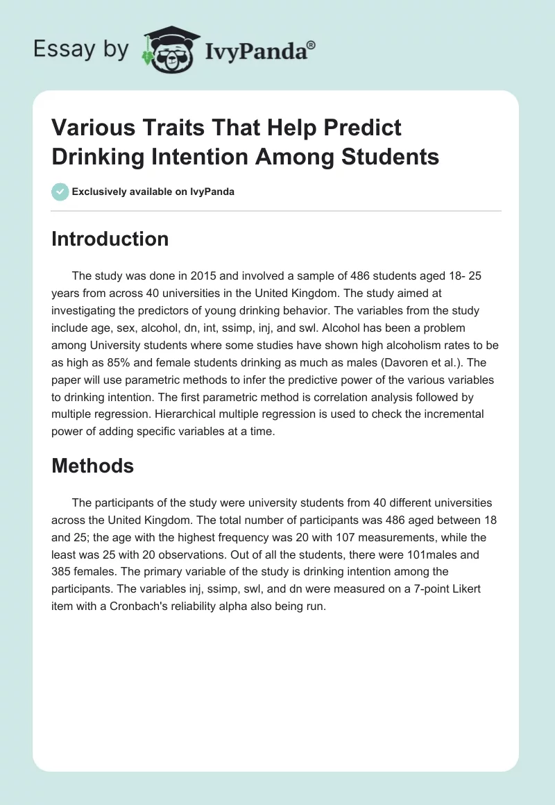 Various Traits That Help Predict Drinking Intention Among Students. Page 1