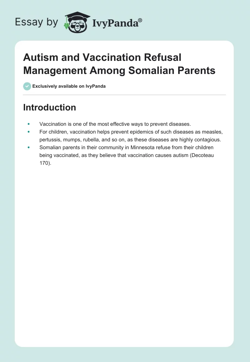 Autism and Vaccination Refusal Management Among Somalian Parents. Page 1