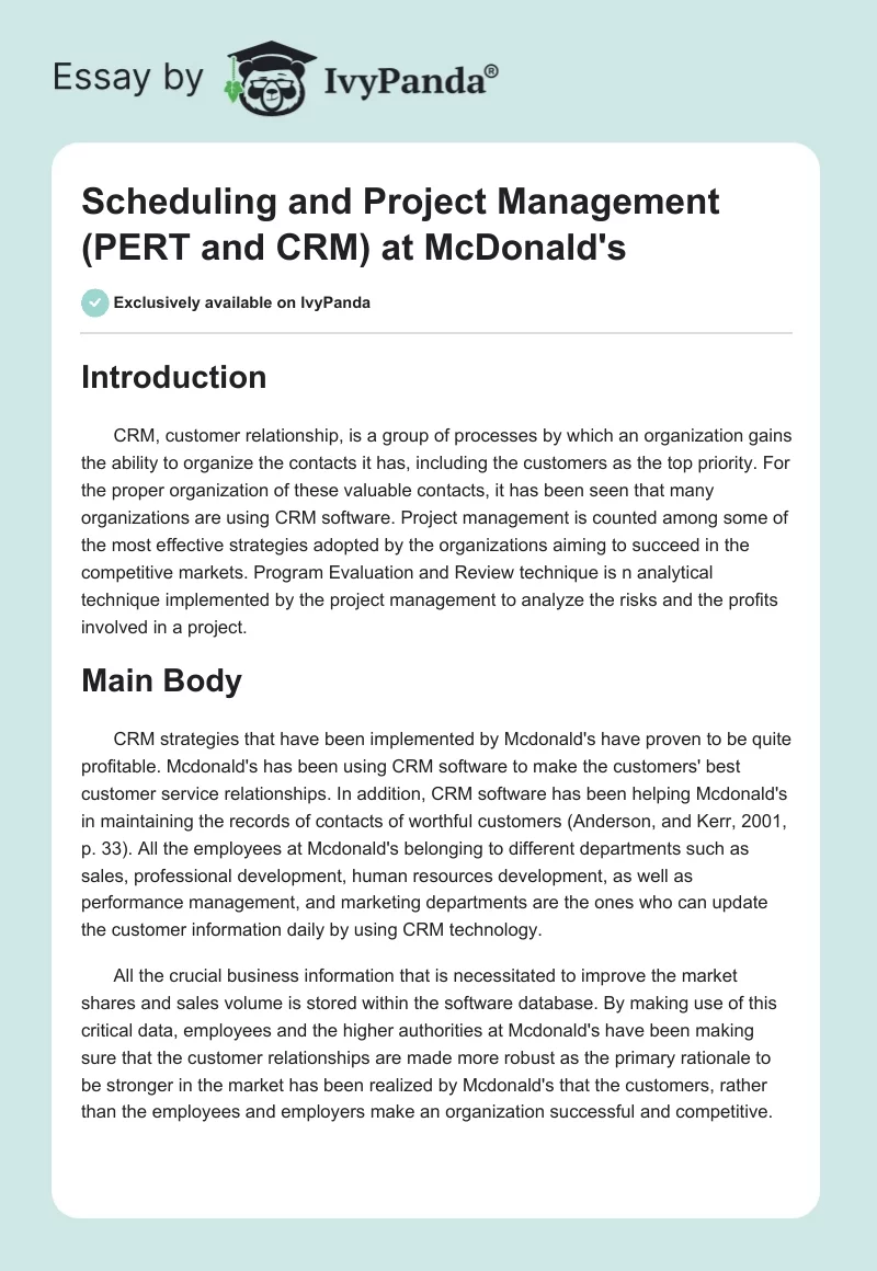 Scheduling and Project Management (PERT and CRM) at McDonald's. Page 1