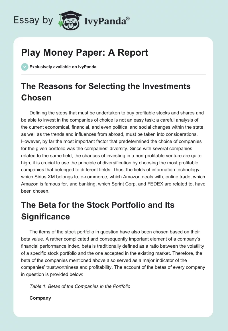 Play Money Paper: A Report. Page 1