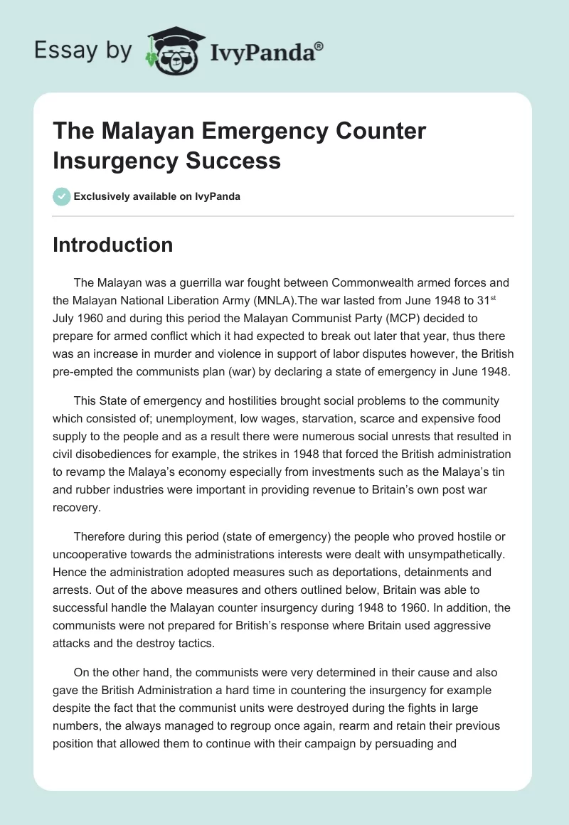 The Malayan Emergency Counter Insurgency Success. Page 1