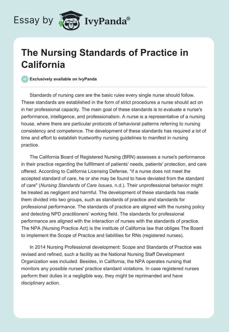 The Nursing Standards of Practice in California. Page 1