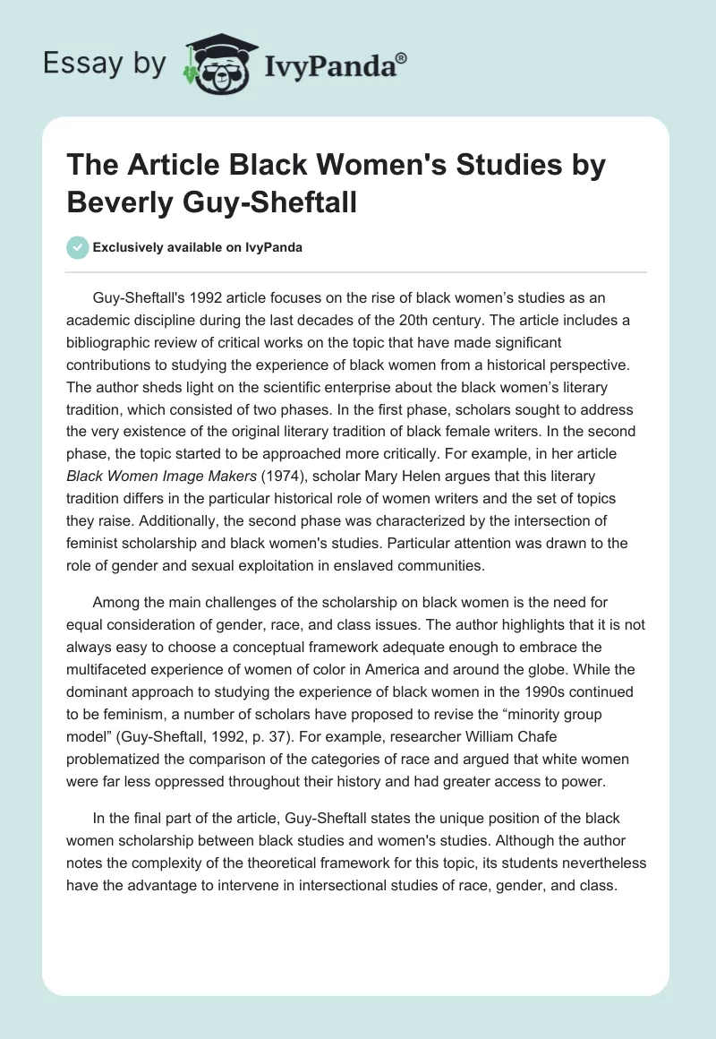 The Article "Black Women's Studies" by Beverly Guy-Sheftall. Page 1
